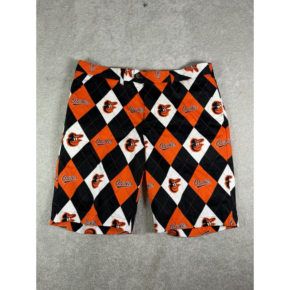 Loudmouth MLB Baltimore Orioles Mens Shorts Size 38 Orange Argyle Baseball Logo